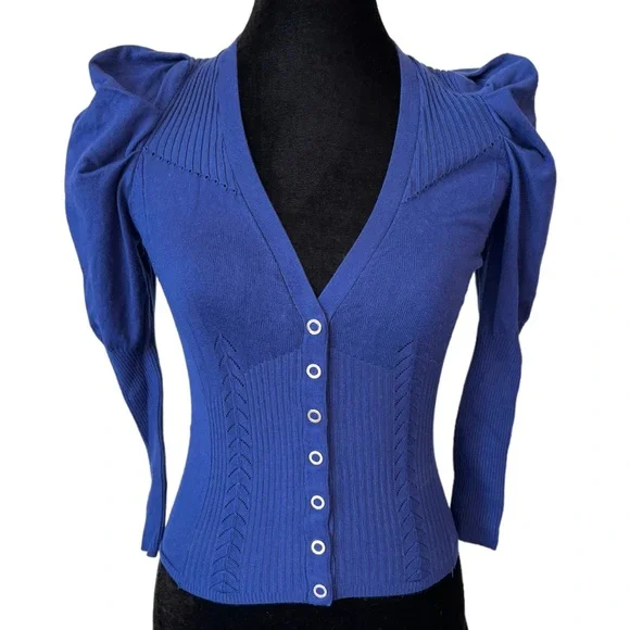 Karen Millen Bold Blue Cardigan Puff Sleeve Sweater - Picture 2 of 7